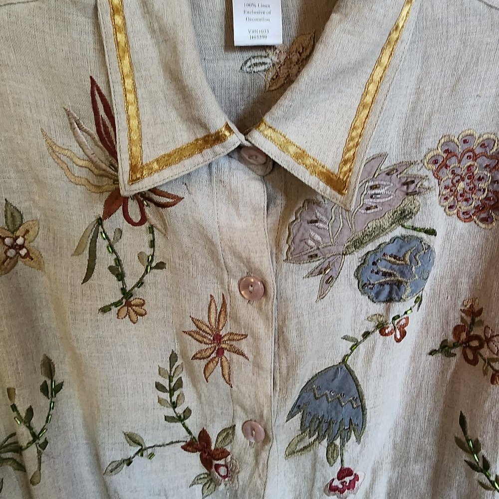 Coldwater Creek Embroidered/Beaded Linen Top, Size PM